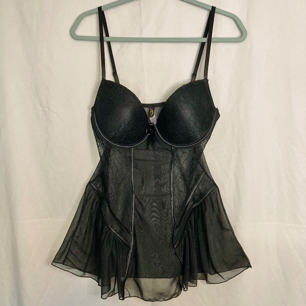 Just Sexy Lingerie Black Lace Mesh Babydoll Chemise Sheer Underwire Ruffles M L